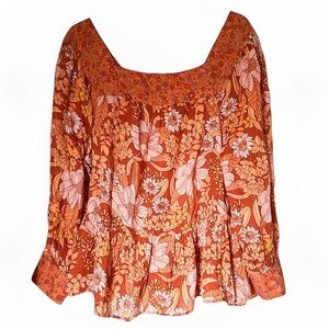 American Eagle Women’s Large Boho Floral Square-Neck Peasant Top - Rust Orange
